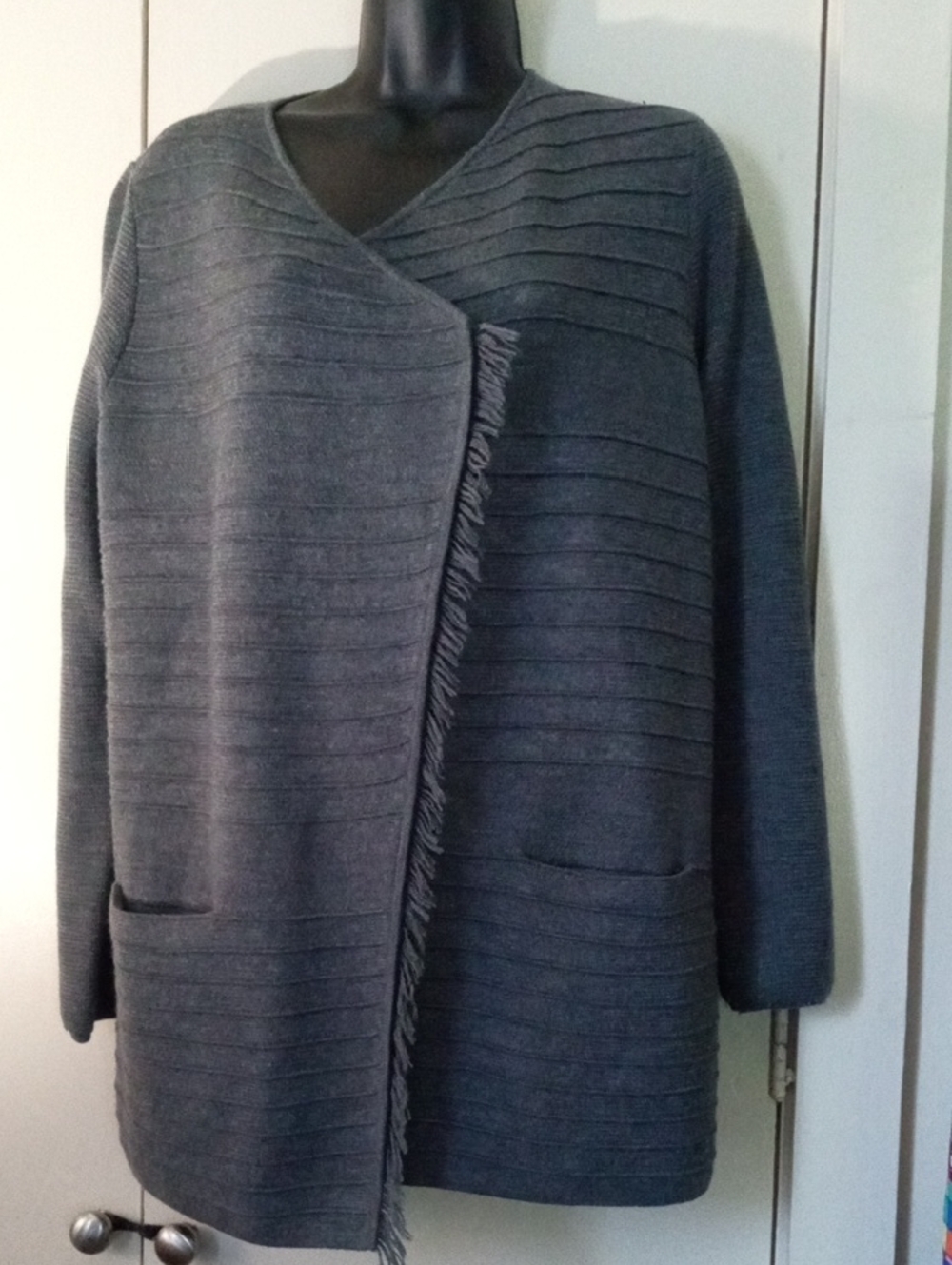Talbots 100% Merino Wool Asymmetric Fringe Open Cardigan Jacket Medium